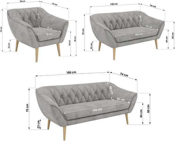 Wohnzimmerset PIRS 1-2-3, Skandinavisches Komplettset, Wellenfederung, Buche Füße, Sitzgruppe, Möbelset - Hellgrau Velvet Bild 5
