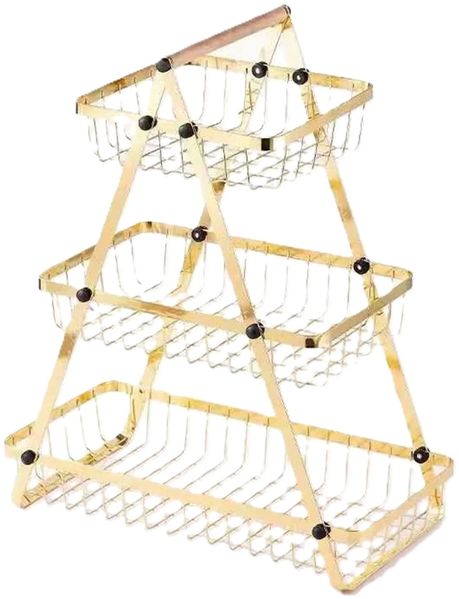 3-stöckige Etagere mit Griff, Obstkorb in Gold - Tragbar & Platzsparend