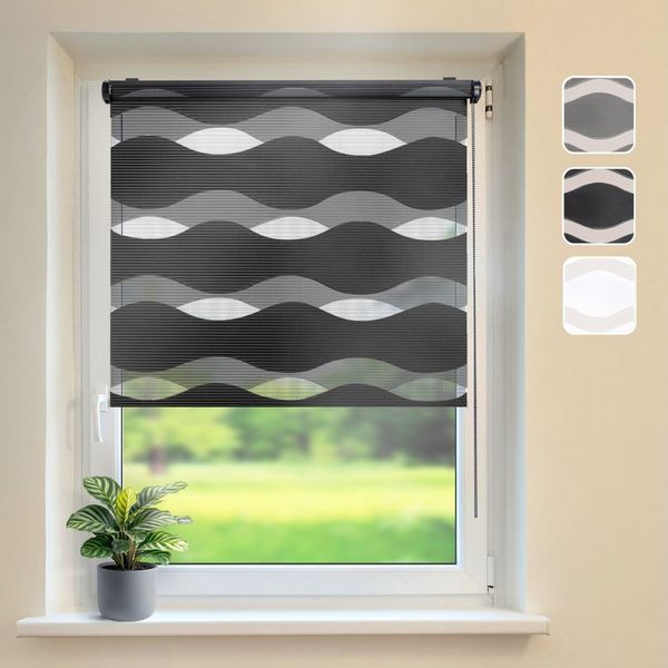 Doppelrollo Klemmfix "Wave", Schwarz 65x215 cm Duo-Rollo ohne Bohren, DomDeco, Klemmbar, Kettenzug, ohne Bohren, Sicht- und Blendschutz