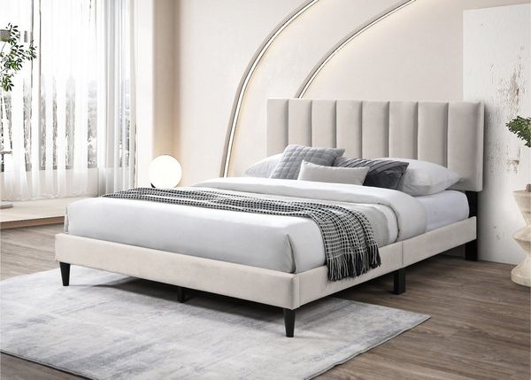 Home Collective Polsterbett 140x200 160x200 & 180x200 cm mit Lattenrost und weichem Bezug (Bettgestell Doppelbett mit gepolstertem Kopfteil, robustes Gestell, hoher Liegekomfort), vertikaler Steppung, 180x200 cm, Beige