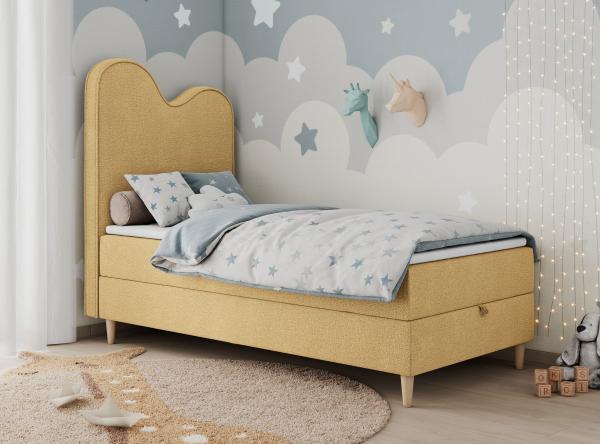 Kinderbett FLOW, Boxspringbett für Kinder, mit hohem Kopfteil, Einzelbett mit Matratze - 90x180 - Gelb Stoff - Topper Visco