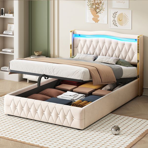 Polsterbett 140x200cm, Breite Beine mit hellen Streifen für stabilen Halt, Mit farbwechselnder LED-Beleuchtung, Mit Hydraulik zur Lagerung, Mit hellen Rautenakzenten, Doppelbett, Samtstoff, Beige