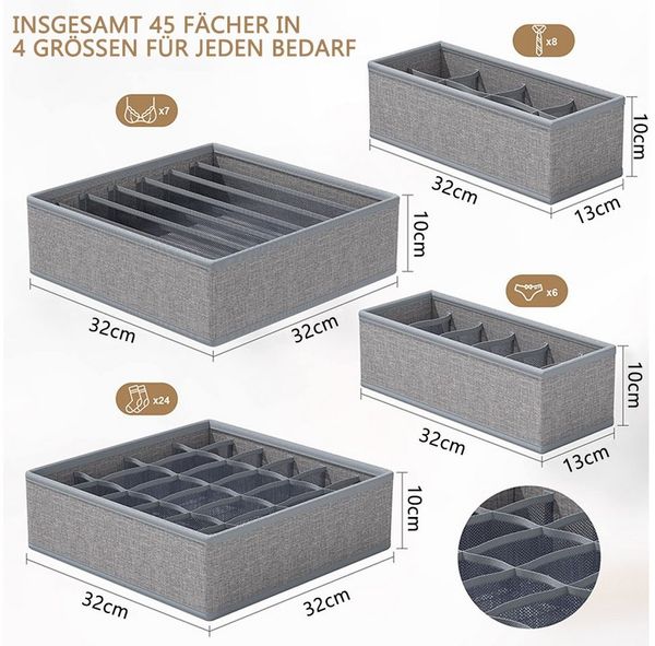TUWENA Aufbewahrungsbox Aufbewahrungsbox für Unterwäsche 4er Set, Schubladen-Organizer faltbar