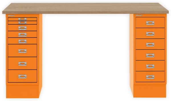 MultiDesk, 1 MultiDrawer mit 6 Schüben, 1 MultiDrawer mit 8 Schüben, Dekor natürliche Eiche, Farbe Orange, Maße: H 740 x B 1400 x T 600 mm