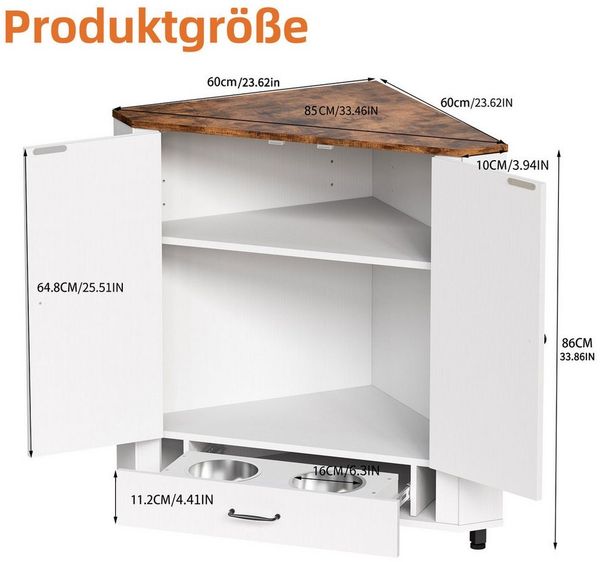 TWSOUL Eckkommode Futterstation 2in1 Lagerschrank, verstellbarer Fachboden mit Stauraum, mit 2 Edelstahlnäpfen und 4 Haken, Für Hunde und Katzen 85*86cm