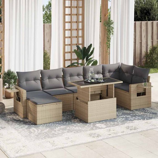 vidaXL 8-tlg. Garten-Sofagarnitur mit Kissen Beige Poly Rattan 3326520