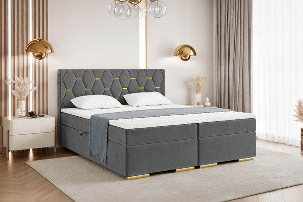 MEBLINI Boxspringbett mit Bettkasten - 120x200 - H4/Dunkelgrau Samt - Versal - Gepolstert Doppelbett mit Matratze und Topper - Polsterbett mit Stauraum - Bett mit Kopfteil - Stauraumbett