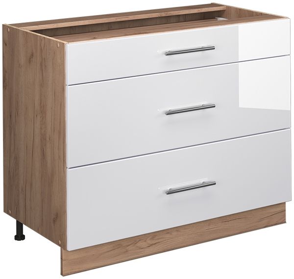 Küchenunterschrank Fame-Line Weiß Hochglanz/Goldkraft Eiche 100 cm ohne Arbeitsplatte Vicco