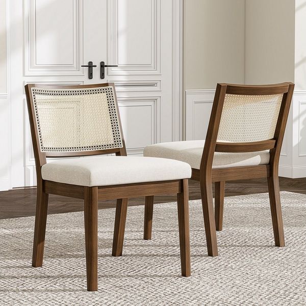 Flieks Esszimmerstuhl Gestell aus Massivholz in Walnussfarbe, Bezug aus Leinen (Set, 4 St), 4er Set Polsterstühle Rattanstühle Wohnzimmerstuhl Beige