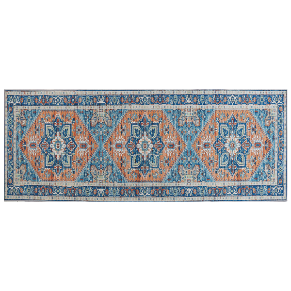 Teppich blau orange orientalisches Muster 80 x 200 cm Kurzflor RITAPURAM