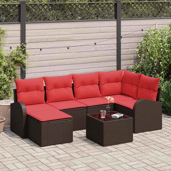 vidaXL Sofa Set mit Kissen 7 pcs Braun und Rot Poly-Rattan 3354793