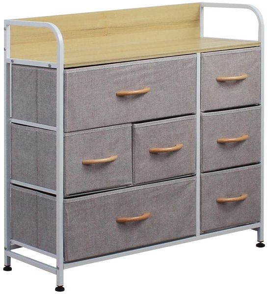 BAKAJI Kommode mit 7 Schubladen Wildleder Stoffschrank Sideboard Vintage Highboard Metall Mehrzweckschrank Schränke Organizer TV Schrank Klein, Küche Schlafzimmer Büro Wohnzimmer Grau + Stahl