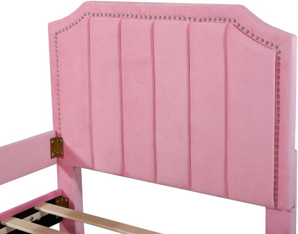 Merax Polsterbett 90*200cm Schlafsofa Bettgestell Flanell mit Rückenlehne Armlehne Gästebett Rosa Bild 9