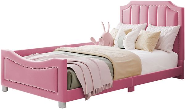 Merax Polsterbett 90*200cm Schlafsofa Bettgestell Flanell mit Rückenlehne Armlehne Gästebett Rosa Bild 10
