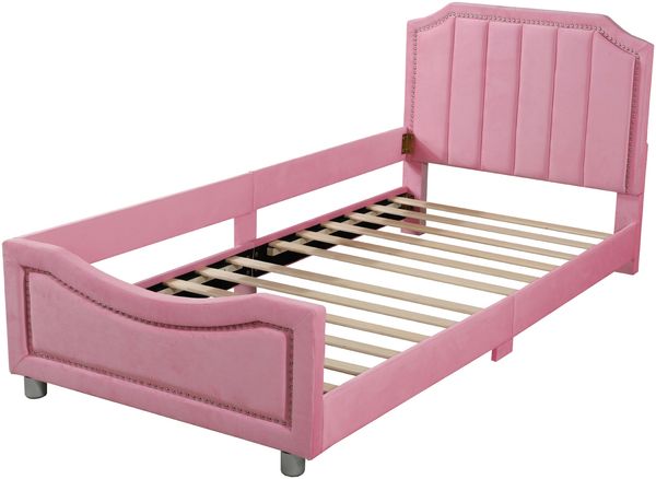 Merax Polsterbett 90*200cm Schlafsofa Bettgestell Flanell mit Rückenlehne Armlehne Gästebett Rosa Bild 7