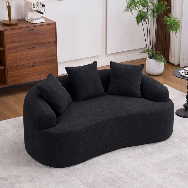 HAUSS SPOLE Schlafsofa mit drei Zierkissen,Zweisitzer Loungesofa mit Chenille-Stoff,Schwarz, Kompressionssofa mit modularem Aufbau, Bogenförmige Gestaltung für ergonomische Sitzposition
