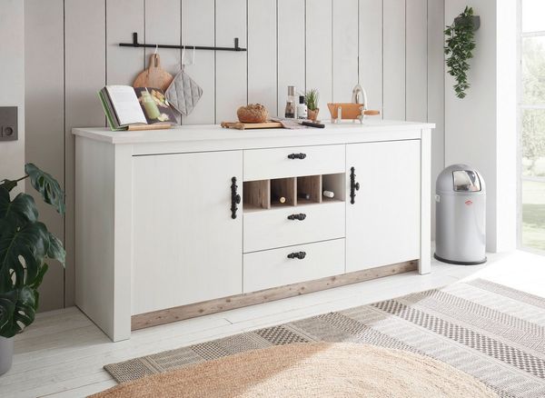 Home affaire Unterschrank Florenz, Küchenunterschrank in Pinie Weiß, Unterschrank mit verschnörkeltem Metallgriff, im Landhausstil, Arbeitshöhe 92 cm