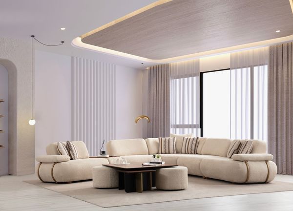 Modulare Ecksofa "Cascade" + Mittelkonsolentisch + Sessel + Hocker-Beige