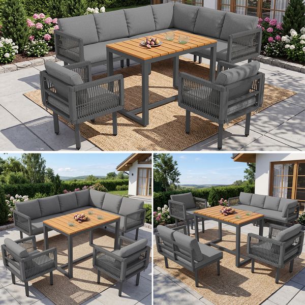 6-teiliges Gartenlounge-Set, Ecksofa mit 2 Sesseln & Tisch, wetterfestes Stahlgestell, Seilgeflecht-Design, Sitzkissen in Grau/Beige, Outdoor Lounge für Balkon & Terrasse