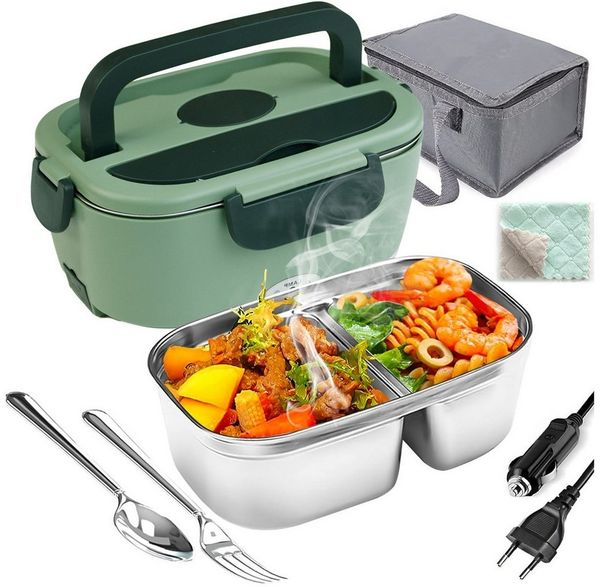 MOPUEA Elektrische Lunchbox 3 in 1 Elektrische Lunchbox, Lunchbox Brotdose aus Edelstahl, (1,5 L Großes,Auskleidung aus Edelstahl 304, isolierte Lunchbox für Zuhause und Auto), schnelles Erhitzen von Speisen, Design mit zwei Fächern