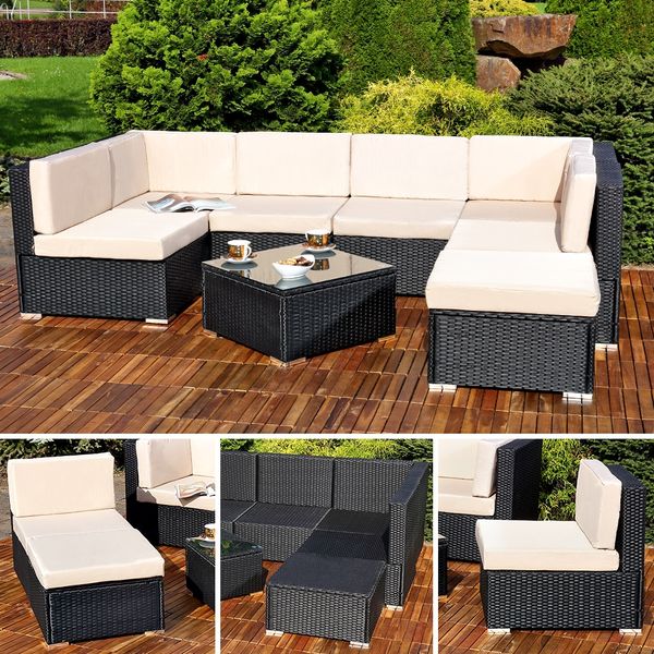 Gartensitzgruppe Terrassenmöbel Polyrattan Gartenlounge schwarz/beige