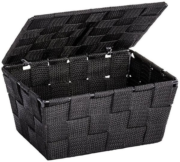 WENKO Aufbewahrungskorb mit Deckel Adria Schwarz - Badkorb, Polypropylen, 19 x 10 x 14 cm, Schwarz
