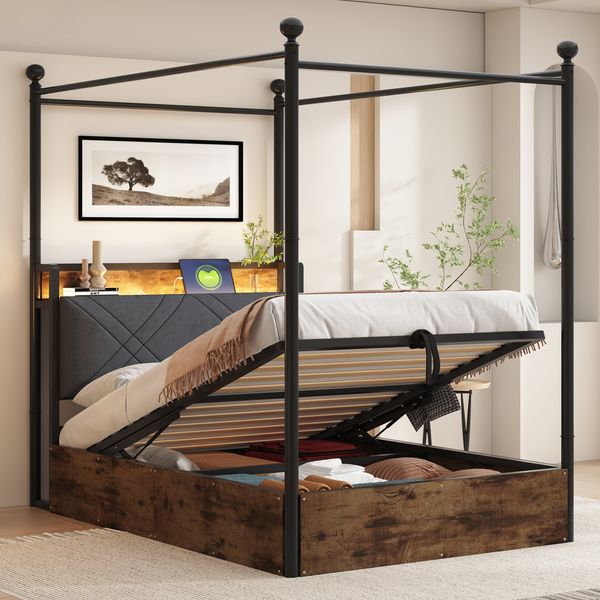 Multifunktionales Eiseneinzelbett 90*190,mit Hydraulisch anhebbarer Bettstauraum und schmiedeeisernem Baldachin,mit abnehmbaren Bettpfosten mit LED-Beleuchtung und USB-/Typ-C,Jugendbett,schwarz