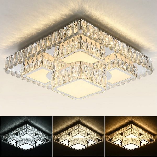 oyajia LED Deckenleuchte 60W LED Deckenleuchte Kristall K9 Edelstahl mit Fernbedienung dimmba, LED fest integriert, warmweiß, kaltweiß, neutralweiß, Lichtfarbe und Helligkeit mit Fernbedienung, 50x50x20cm