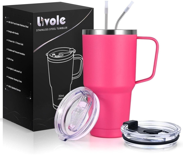 Livole 30oz Edelstahl Thermobecher mit Strohhalm und Henkel, Rosenrot
