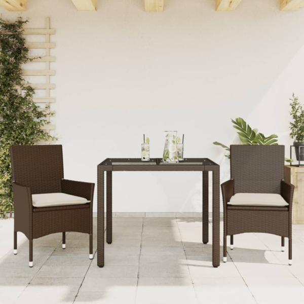 vidaXL 3-tlg. Garten-Essgruppe mit Kissen Braun Poly Rattan Glas 3278549