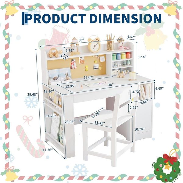 GarveeMore Kinderschreibtisch -Set mit Stuhl und Stauraum,Aufsatz,neigbarer Rückenlehne, Holztisch mit Aufbewahrungsschrank für Kinder von 3-8 Jahren