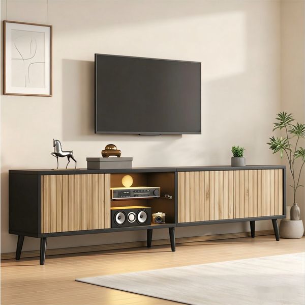 Merax Lowboard mit LED-Beleuchtung und App Steuerung, TV Schrank in Holzoptik (1 St), Wohnzimmerschrank mit 3 Türen, Glasregal & Stauraum, 175x31x43,5cm