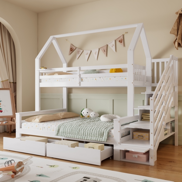 Merax Etagenbett, 90x200 cm & 140x200 cm, mit zwei Schubladen auf Rollen, mit Sicherheitsgeländer & Treppenschrank, Kiefer Weiß