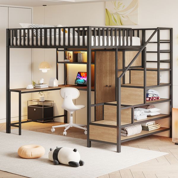 Hochbett Liegefläche 140x200 cm aus Metall mit Schreibtisch, Schrank, Regalen, Schubladen, LED und Sicherheitsleiter