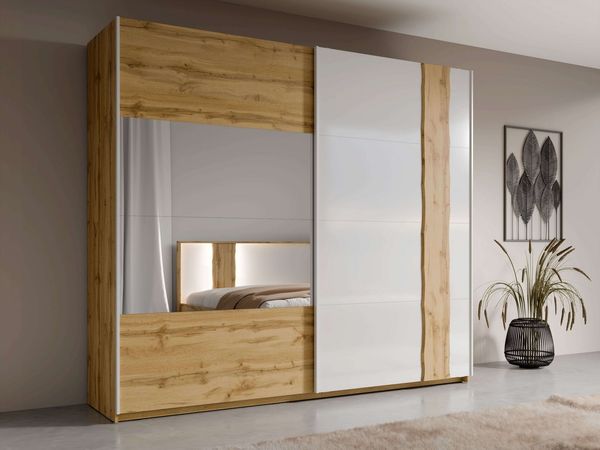 Home affaire Kleiderschrank Fabella mit Spiegel, 8 Einlegeböden und 2 Kleiderstange Garderobe mit 2 Schwebetüren und Spiegel, BxHxT 200x218x66,5 cm