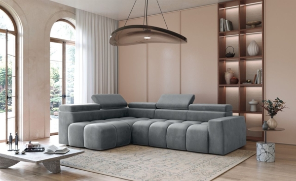 Ecksofa Designersofa DARCY in Stoff Salvador Grau Ottomane Links