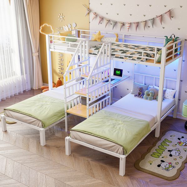 Etagenbett aus Metall und MDF mit LED, Stauraumstufen & Schreibtisch, 90x200 cm, Weiß, ohne Matratze