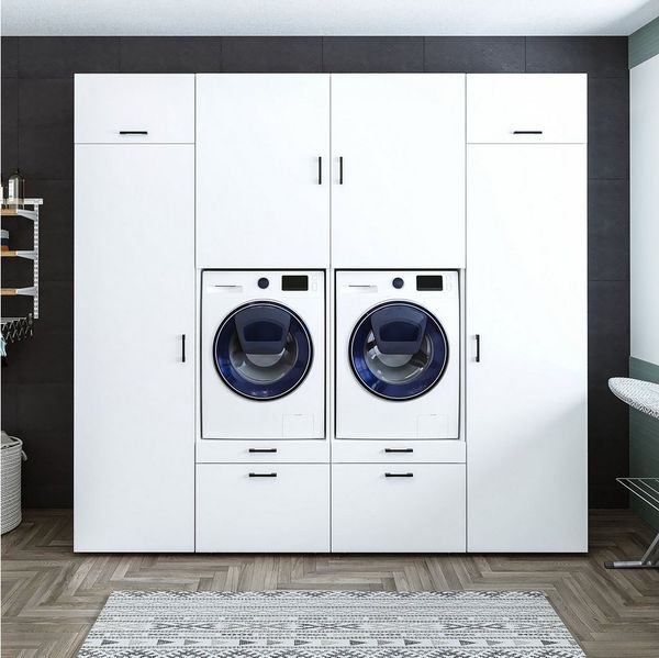 Roomart • Waschmachinen Schrankwand Hauswirtschaftsraum & Waschküche • Mit Schubladen und Ausziehbrett • 254 cm Breit • Weiß