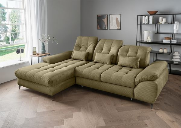 Polsterecke >Devland< Schlaffunktion, Kopfteilverstellung, Cord olive - 273x105x189cm BxHxT