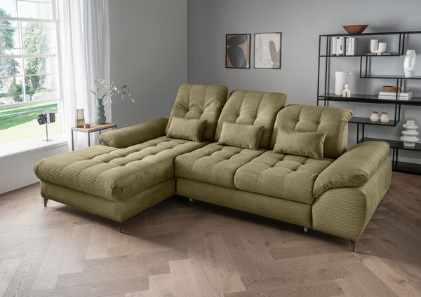 Polsterecke >Devland< Schlaffunktion, Kopfteilverstellung, Cord olive - 273x105x189cm BxHxT