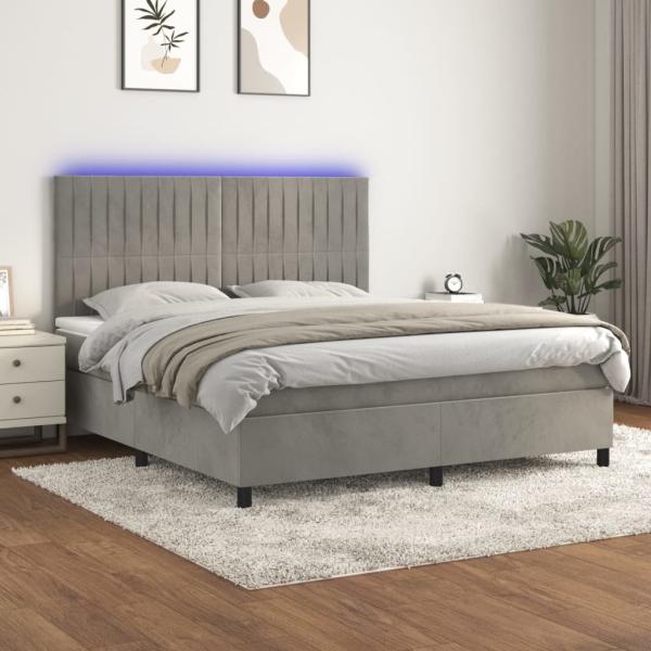 vidaXL Boxspringbett mit Matratze & LED Hellgrau 160x200 cm Samt 3136251