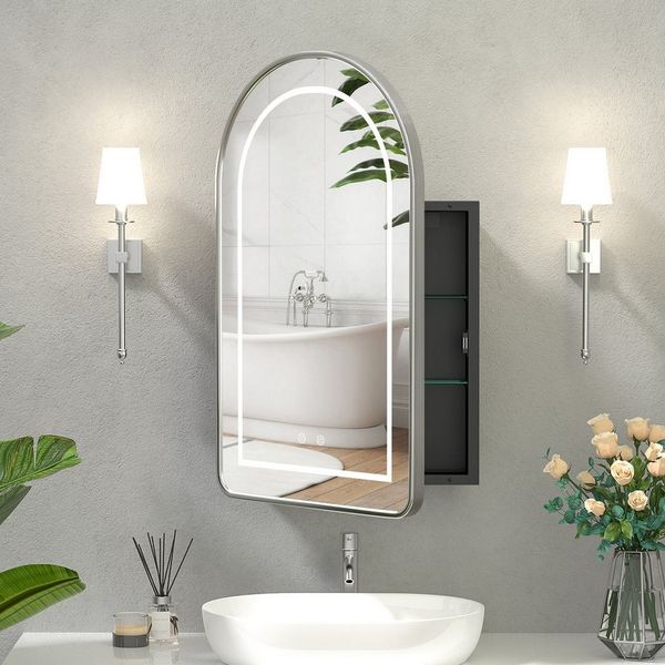 radelldar Badezimmerspiegelschrank Medizinschrank mit Spiegel, Montagefrei Metall Feuchtigkeitsschutz (1-St) mit LED-Beleuchtung und Entnebelungsfunktion, 50x80x12,5 cm