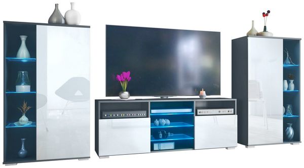 Vladon Wohnwand Davos, (Anbauwand, bestehend aus 2 Vitrinen, 1 TV-Board und LED-Beleuchtung), Anthrazit matt/Weiß Hochglanz (329 x 134 x 35 cm)