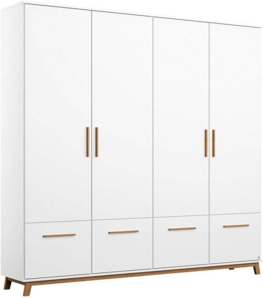 Rauch Möbel Carlsson Schrank Drehtürenschrank in Weiß, Griffe/Füße Eiche Massiv, 4-türig mit 4 Schubladen, inkl. Zubehörpaket Basic 1 Kleiderstange, 2 Einlegeböden BxHxT 181 x 203 x 53 cm