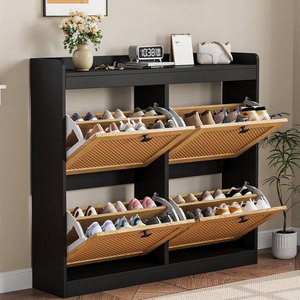 GarveeMore Schuhschrank aus Rattan mit 4 Klappschubladen für Eingangsbereich,Flur 105 x 23 x 96 cm freistehender Schuhschrank aus Holz mit verstellbaren Einlegeböden