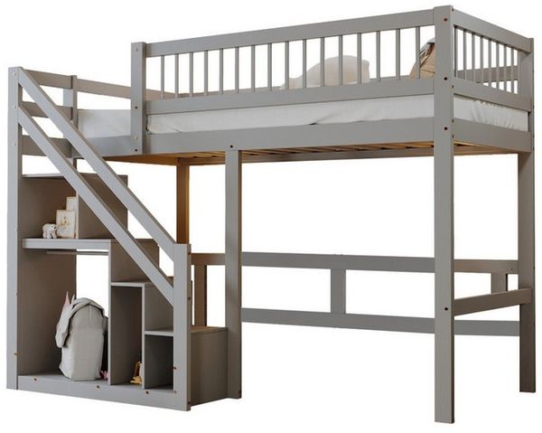 Flieks Hochbett Massivholz Einzelbett Kinderbett 90x200cm mit Stauraumtreppe