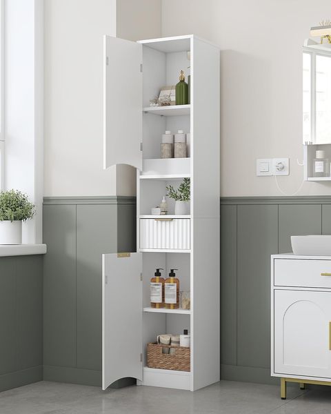 Badezimmerschran, Badschrank, Aufbewahrungsschrank Mit 2 Türen Und 1 Schublade, Verstellbaren Regalen, Platzsparend Für Kleine Räume, Bad,Wohnzimmer, 30x30x170 cm, Weiß