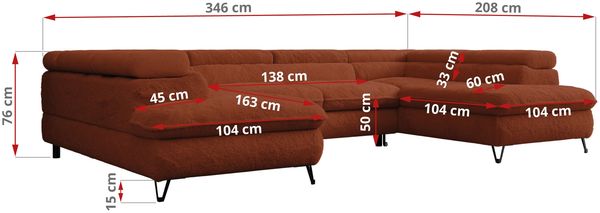 Ecksofa U-Form, mit Bettkasten, Bettfunktion und Einstellbare Kopfstützen, Sofa big XXL - PETER U - Orange Plüsch - Topper T25 Bild 8