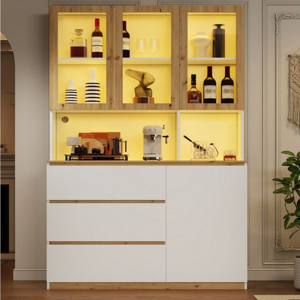 Merax Glasvitrine mit LED-Beleuchtung, 3 Schubladen, 4 Türen, (1-St, Arbeitsplatte mit Kabelmanagement) Bücherregal, Küchenschrank, Weiß+Eiche
