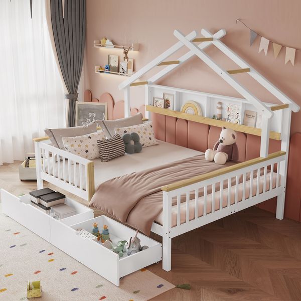 Merax Kinderbett, 140x200cm, Flachbett, Holzbett, Mit Fallschutz und Gitter, Einzigartiges Dachdesign, 2 m Lagerregal, Zwei Schubladen auf Rollen, Rahmen aus Kiefer, Kiefer+MDF, Weiß+Natur